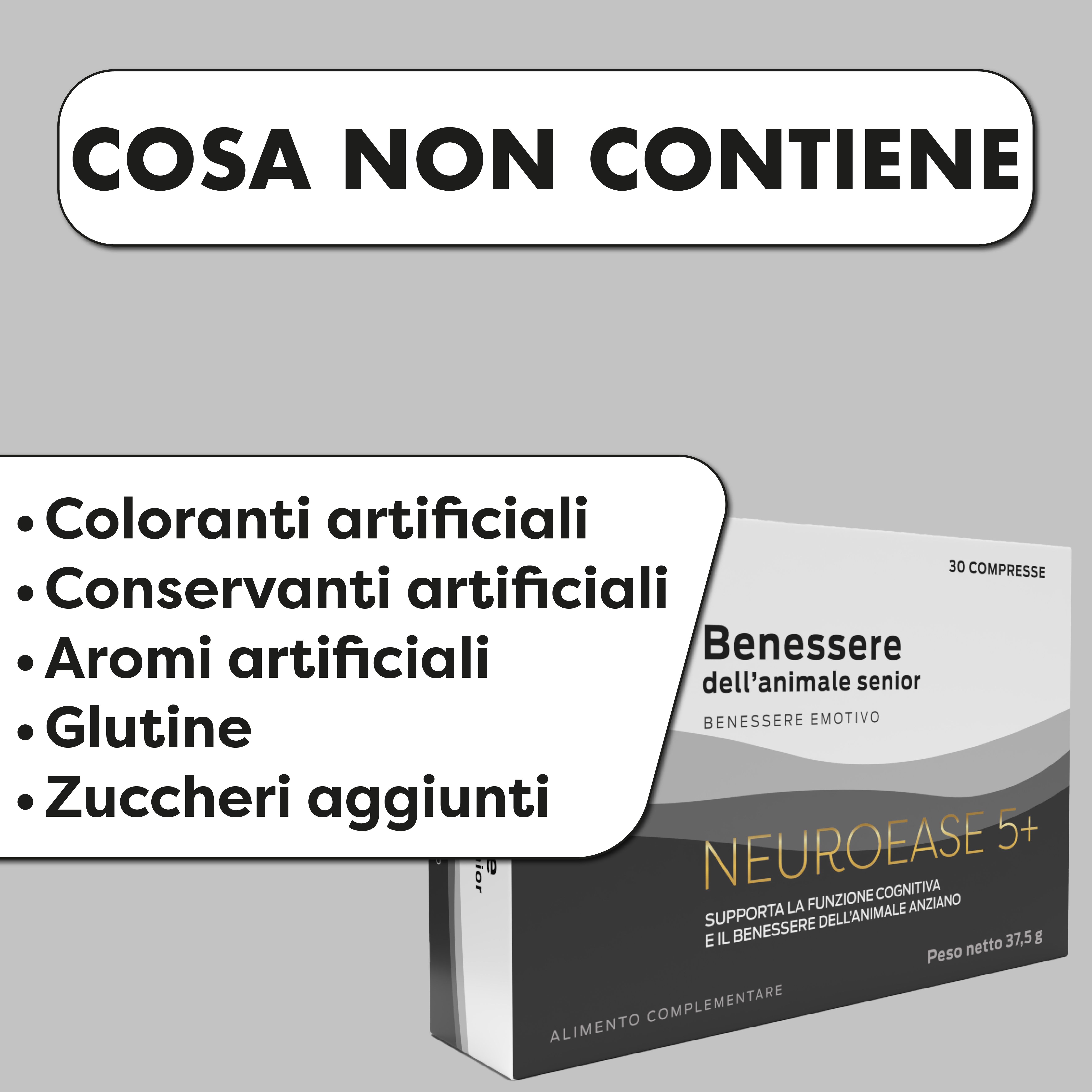 Scatola di NEUROEASE 5+ per cani e gatti anziani. Testo: Cosa non contiene: coloranti, conservanti, aromi, glutine, zuccheri aggiunti.