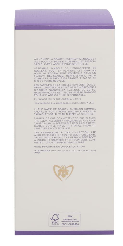 Retro della scatola di Guerlain Aqua Allegoria. Testo in francese e inglese, logo FSC.