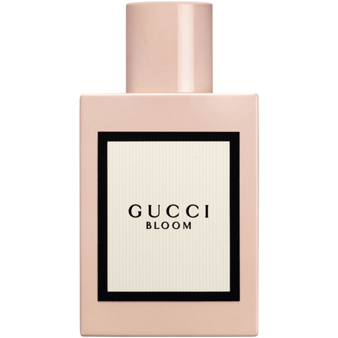 Flacone rosa con etichetta bianca e cornice nera. Sull'etichetta: Gucci Bloom. Tappo rosa.