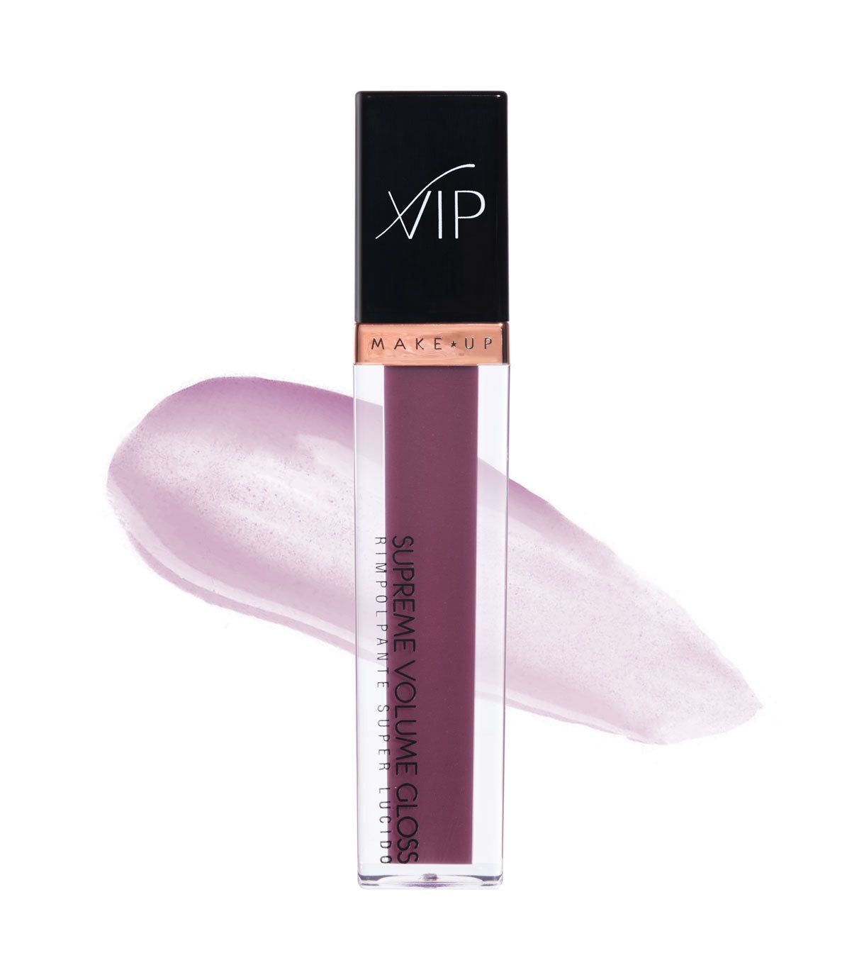 Lucidalabbra viola in tubetto trasparente con tappo nero. Stampato "VIP MAKE UP" e "SUPREME VOLUME GLOSS".