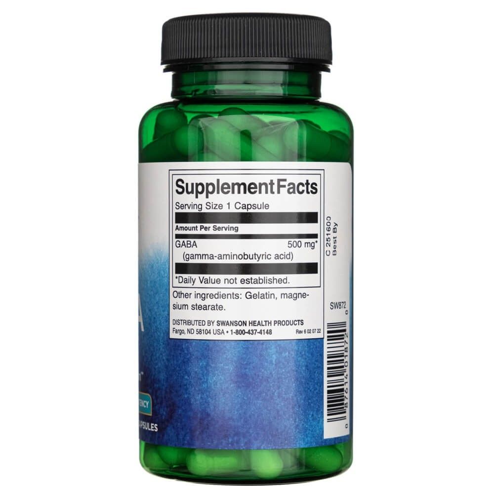 Retro di un flacone verde di Swanson GABA 500 mg, Supplement Facts.