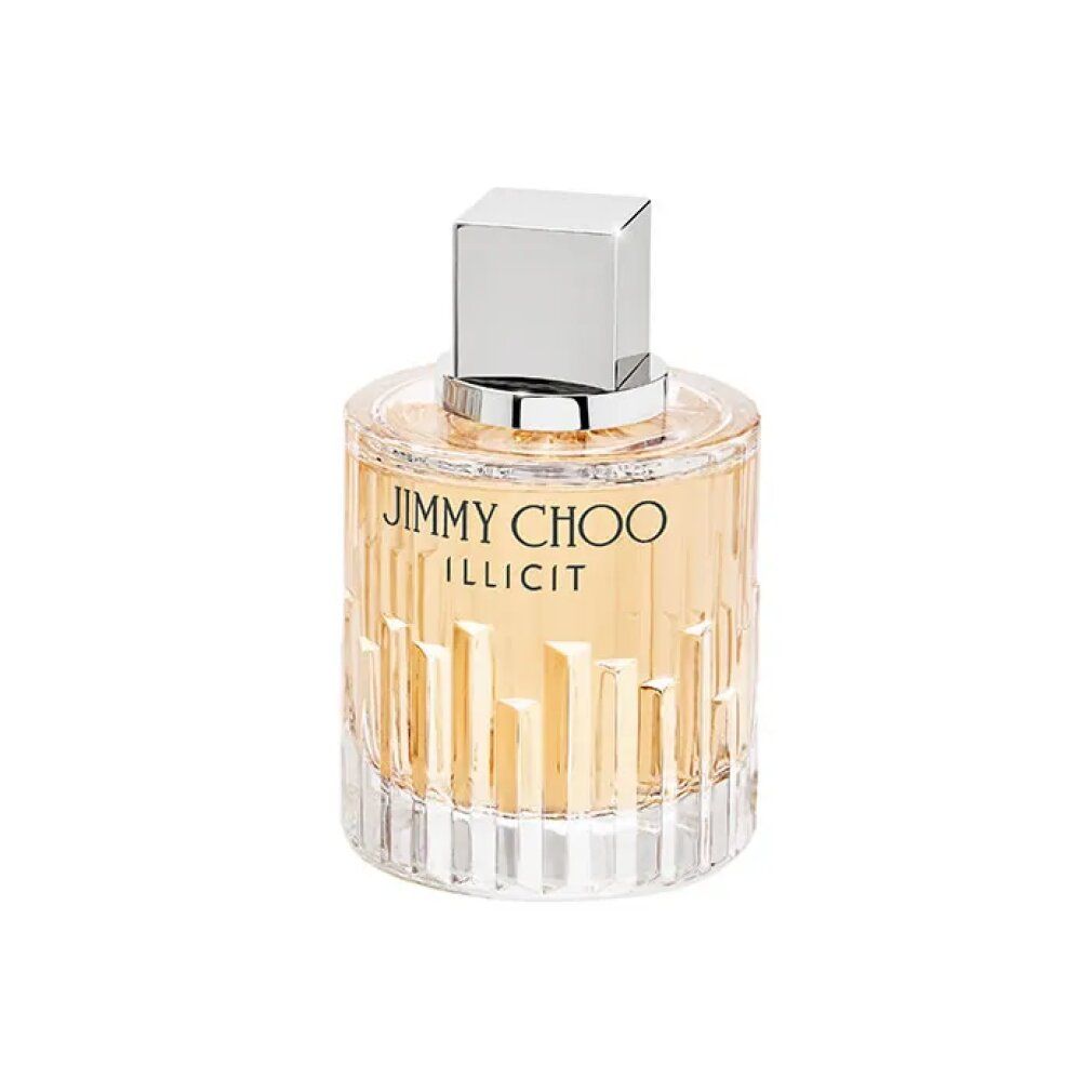 Flacone di profumo rotondo con tappo argentato. Scritta: JIMMY CHOO ILLICIT. Flacone in vetro trasparente con linee verticali.