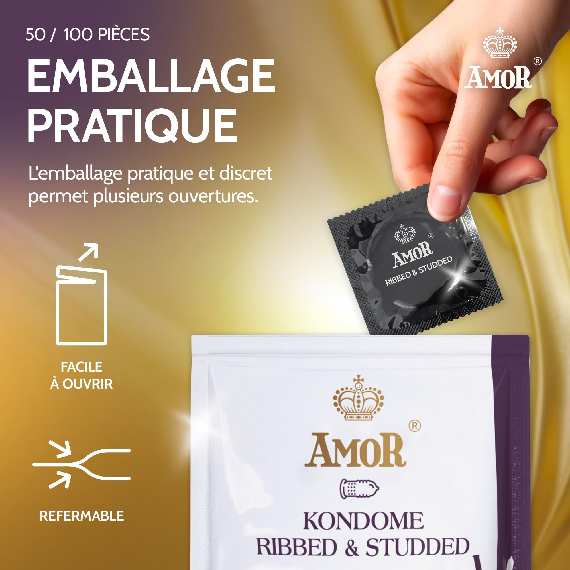 Preservativo Amor Ribbed & Studded, confezionato singolarmente, facile da aprire.