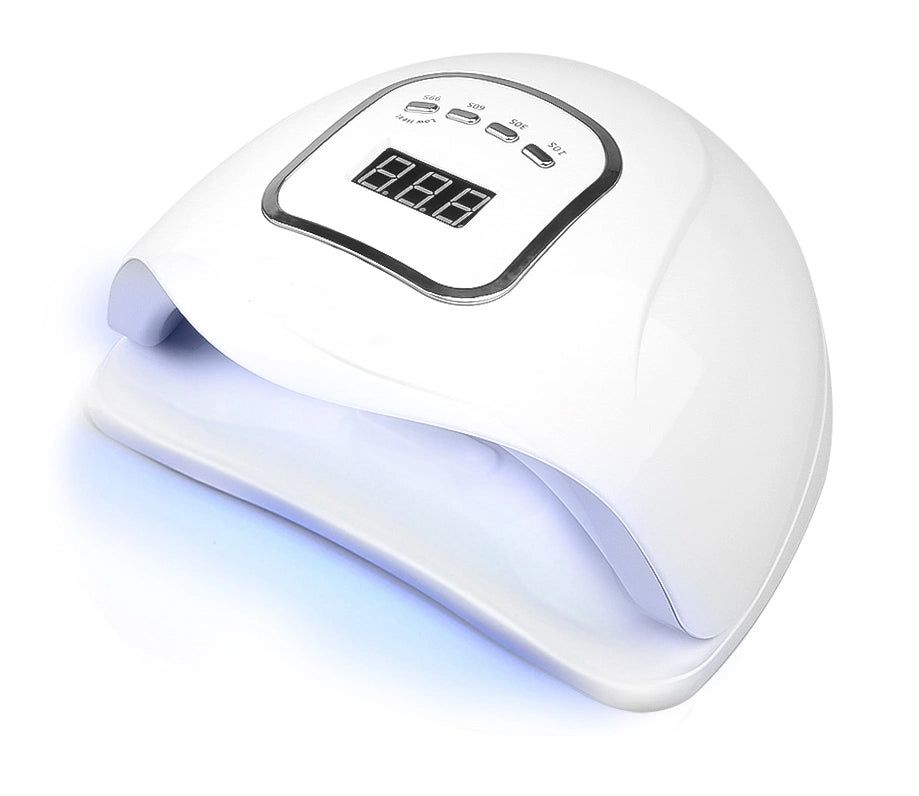 Lampada LED bianca per unghie, display digitale e pulsanti. Sorgente luminosa blu visibile.