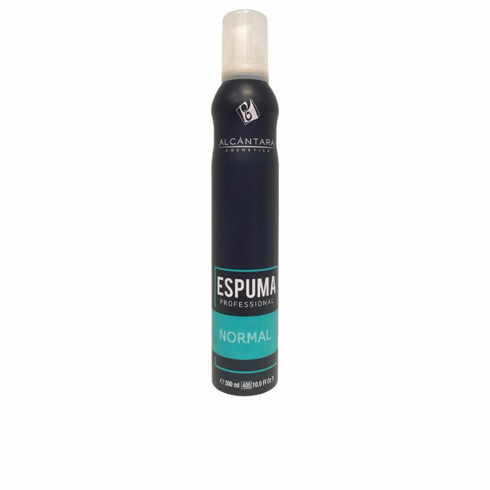 Flacone spray blu scuro con testa bianca. Testo: ESPUMA NORMAL, ALCANTARA COSMETICS. Striscia turchese con testo bianco.