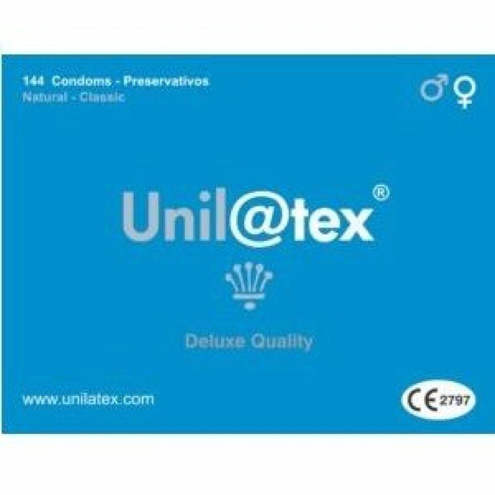 Confezione blu Unilatex. Scritte: 144 preservativi, Natural Classic, Deluxe Quality, marchio CE, logo.
