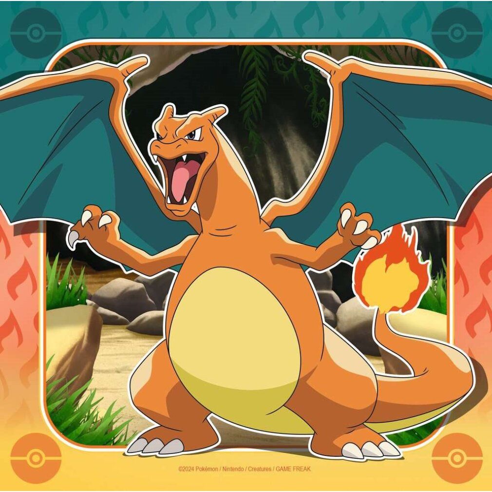 Motivo puzzle: Charizard, un Pokémon. Pokémon arancione con ali e fiamma sulla coda, su sfondo verde.