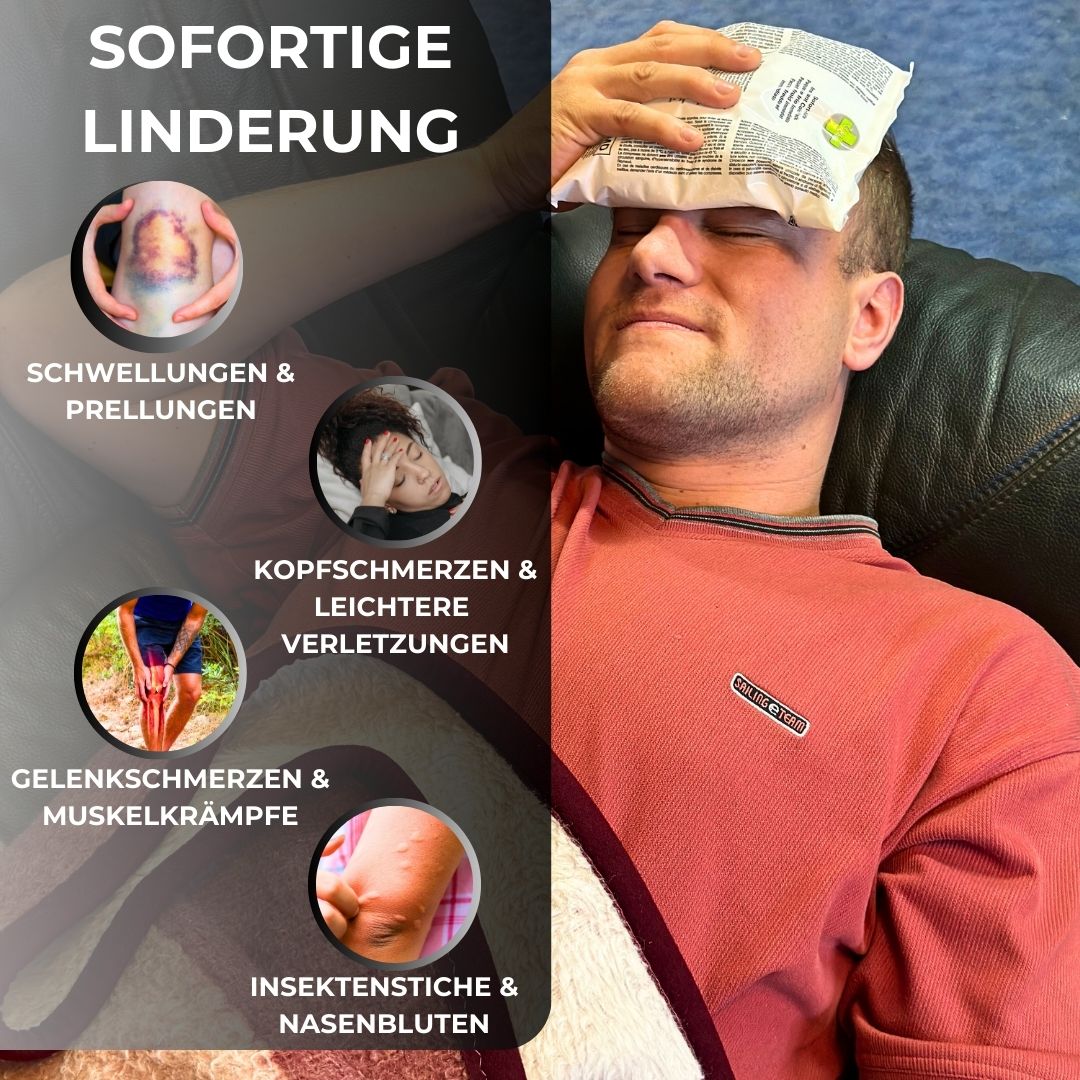 Uomo con compressa sulla fronte. Grafici che mostrano gli usi per gonfiore, mal di testa, dolori articolari e punture di insetti.