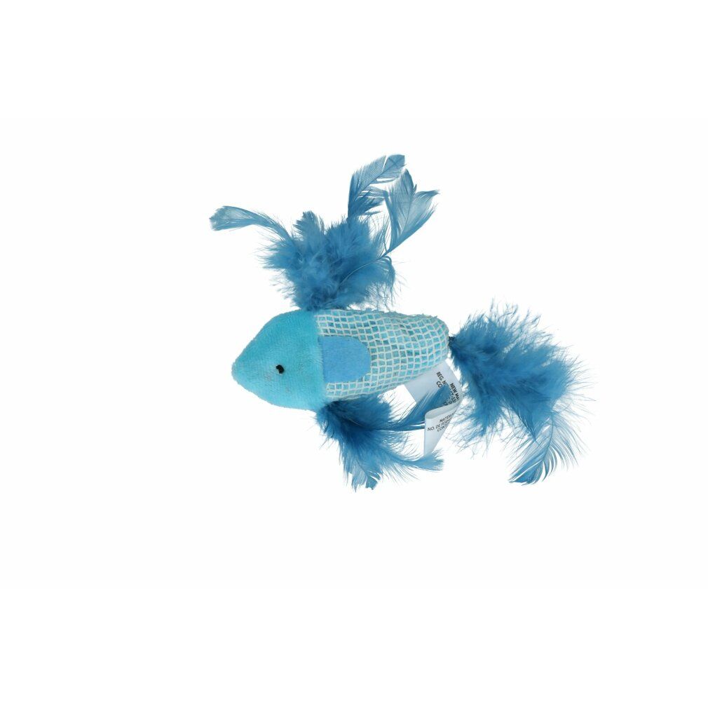 Giocattolo per gatti blu a forma di pesce con piume. Etichetta sul giocattolo.