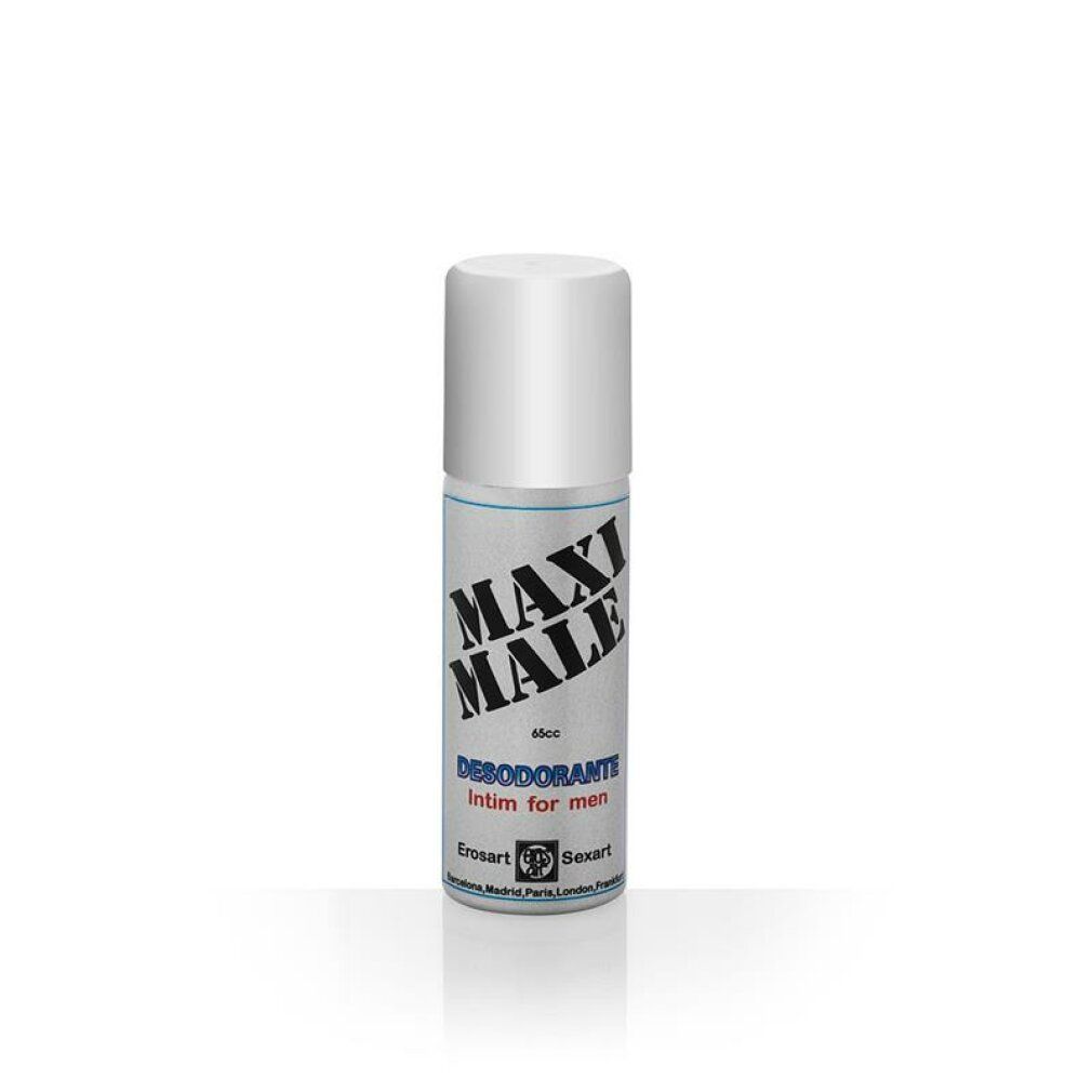 Flacone cilindrico con tappo bianco. Scritta: MAXI MALE, Desodorante Intim for men. Loghi Erosart e Sexart.