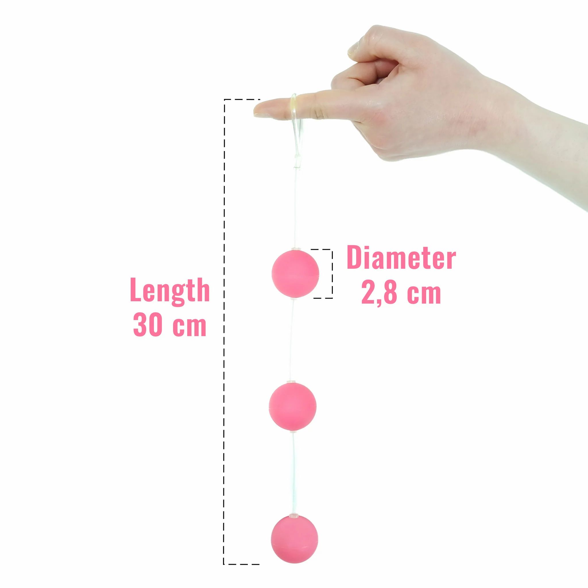 Tre sfere rosa su un filo, lunghezza 30 cm, diametro 2,8 cm.