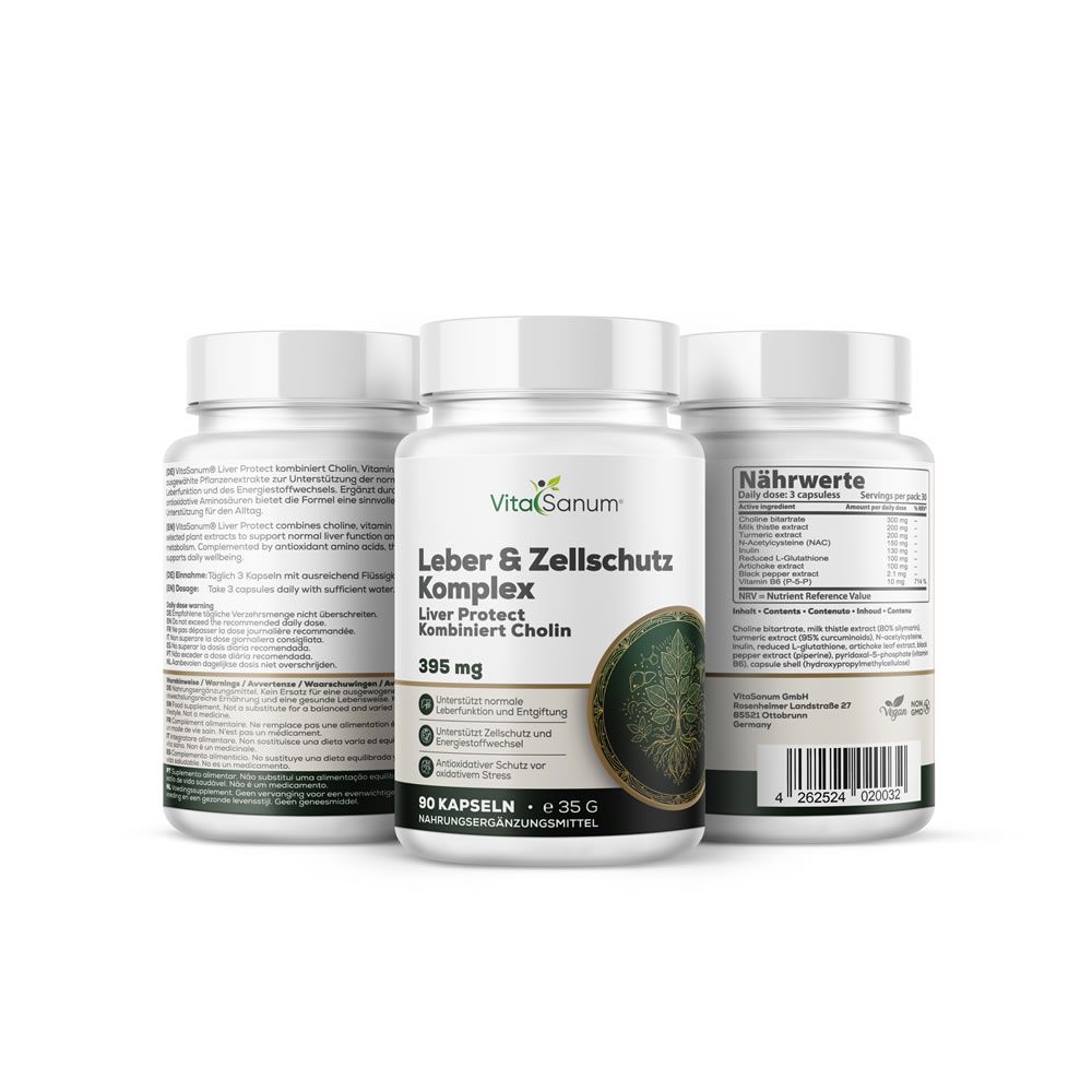 Tre flaconi bianchi con etichetta VitaSanum®. Scritta: Leber & Zellschutz Komplex, 395 mg, 90 capsule. Etichetta verde-marrone con motivo ad albero.