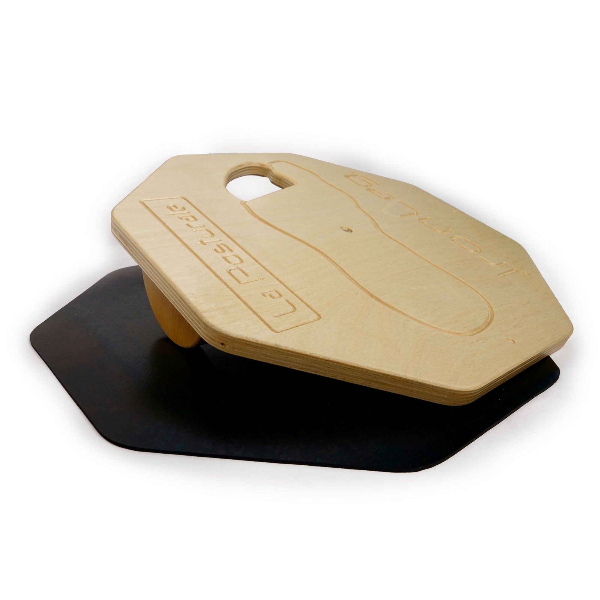 Tavola in legno con impronta del piede e maniglia, su base nera. Scritta "La Posturale".