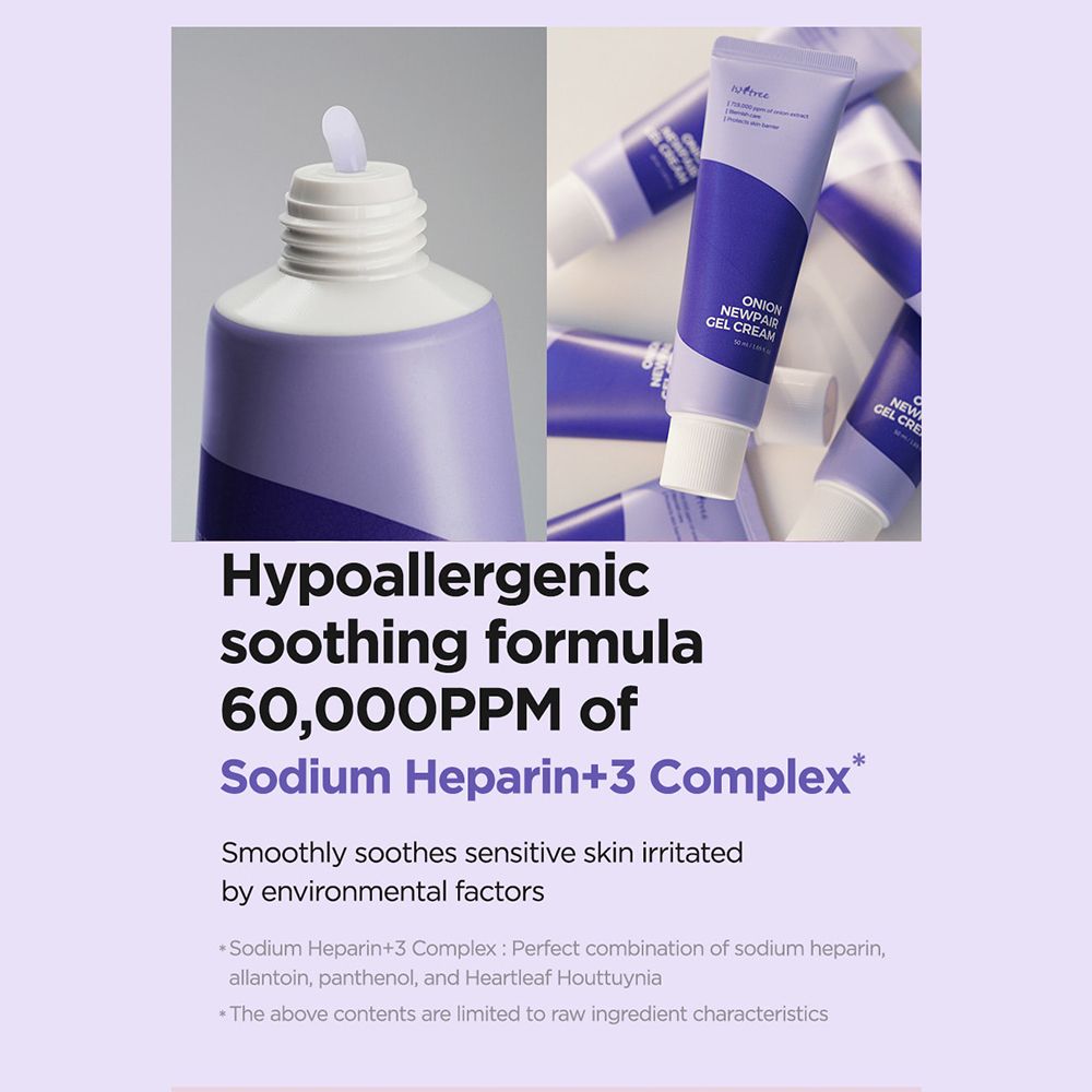 Tubo ISNTREE Onion Newpair Gel Cream e altri tubi. Testo: Ipoallergenico, 60.000 PPM Sodium Heparin+3 Complex.