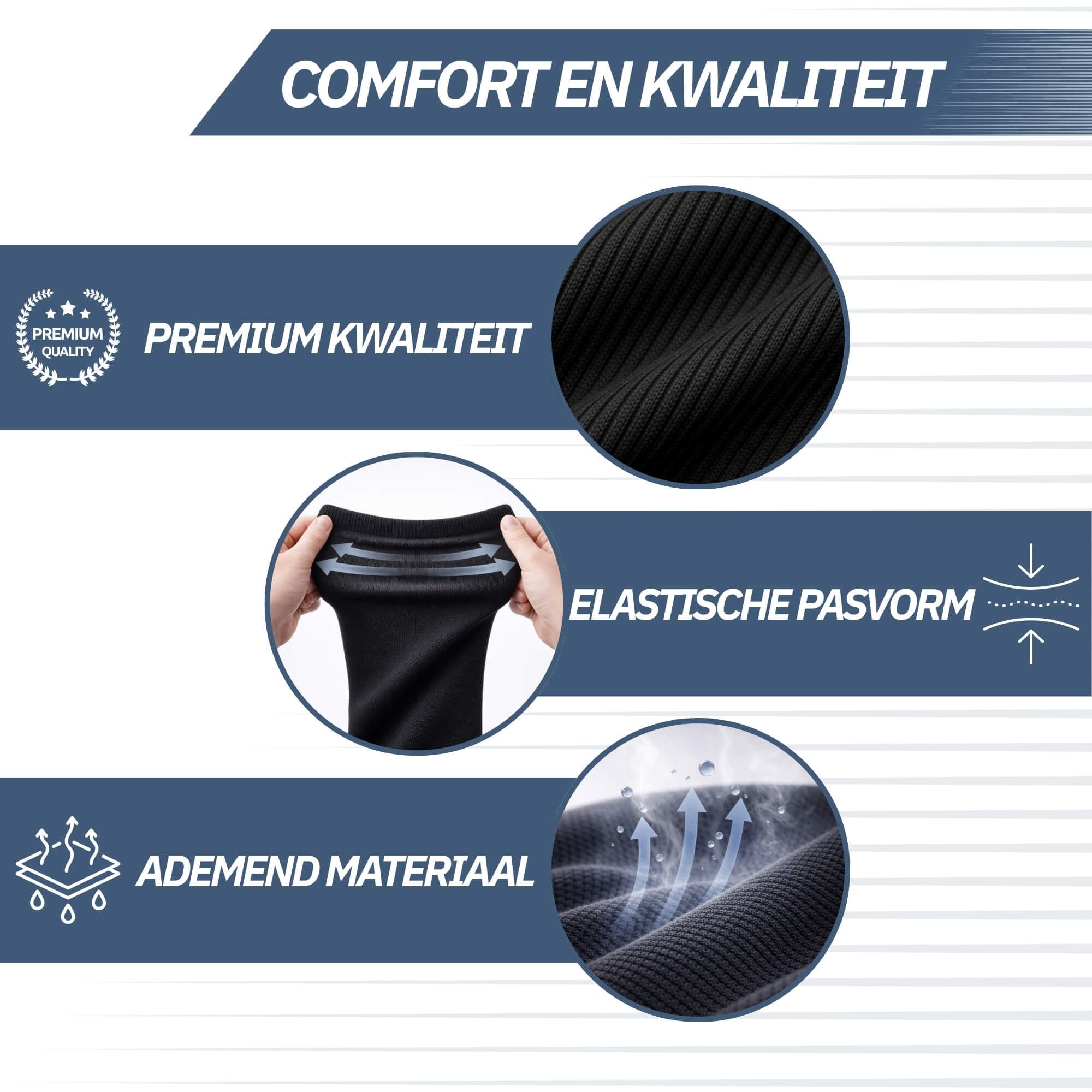 Calze a compressione nere con texture a coste e vestibilità elastica. Materiale traspirante.