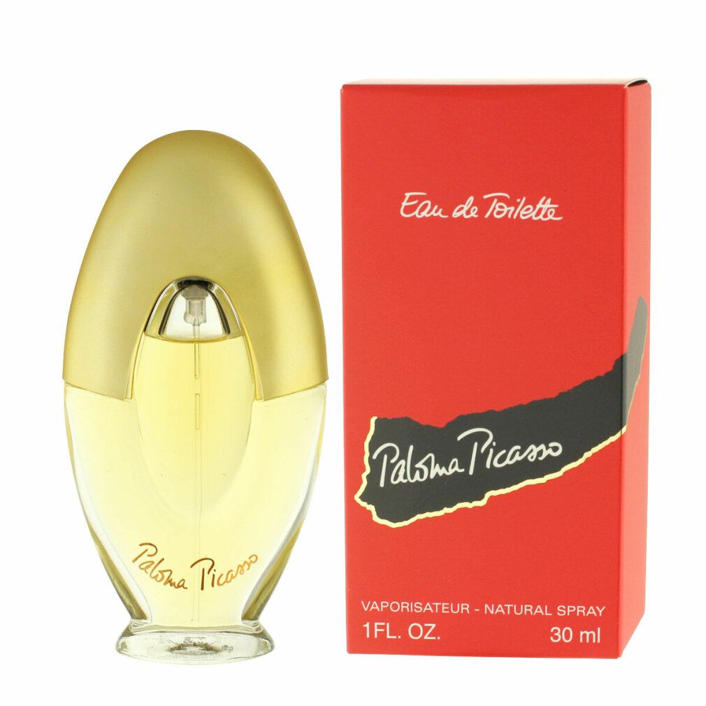 Flacone di profumo e scatola. Flacone ovale, tappo dorato, liquido trasparente. Scatola rossa, scritta Paloma Picasso.