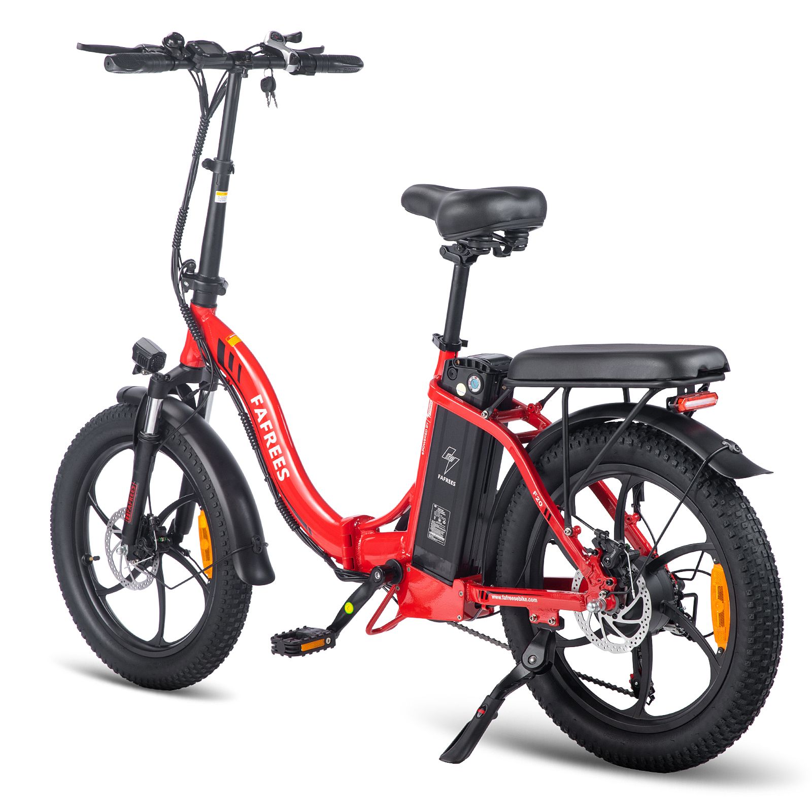 Bicicletta elettrica pieghevole FAFREES F20 rossa. Pneumatici, sella e portapacchi neri. Batteria sul telaio. Luci e parafanghi.