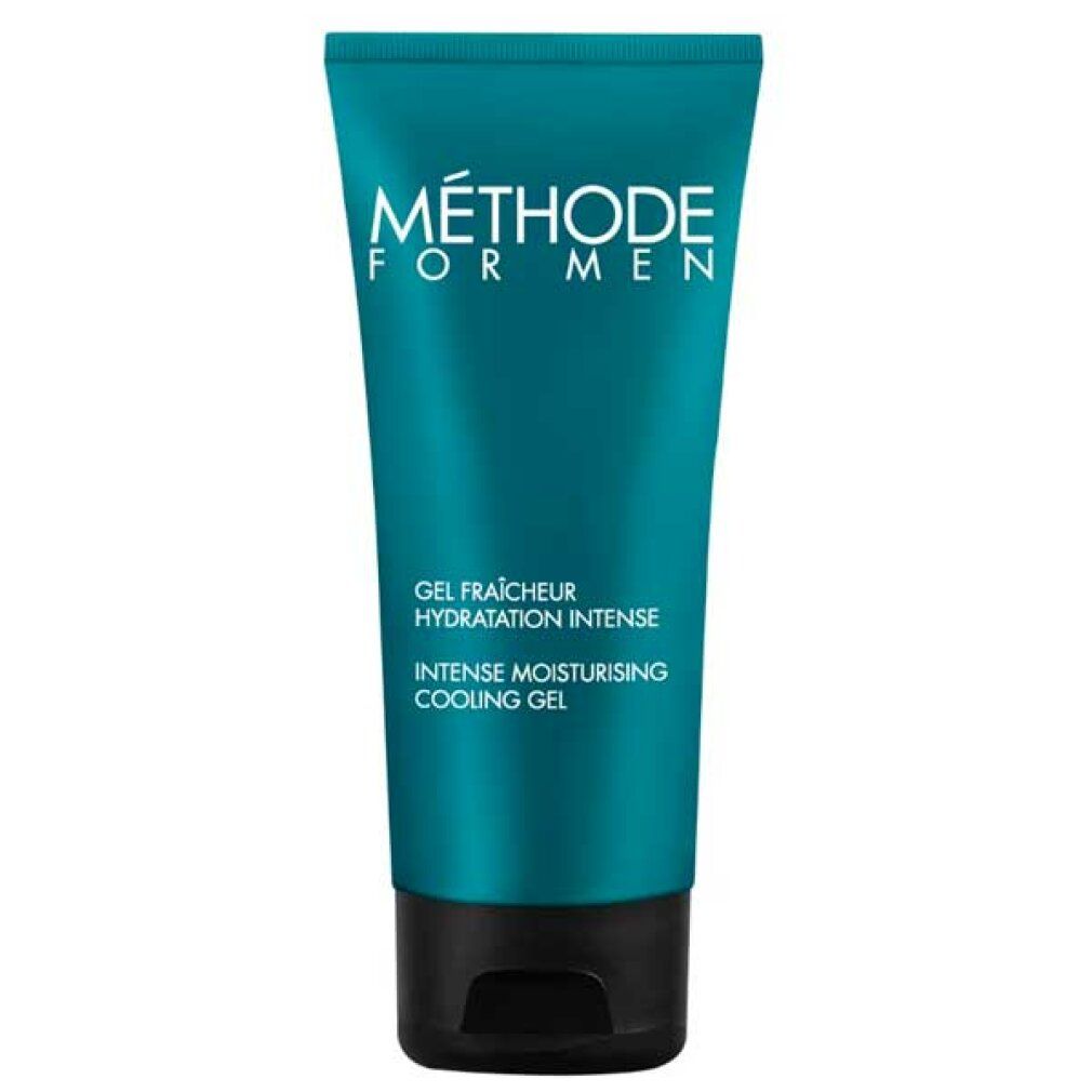Tubo turchese con scritta 'Méthode For Men' e 'Intense Moisturising Cooling Gel'.