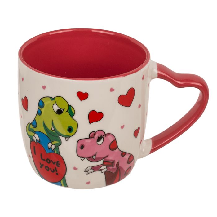 Tazza con dinosauri, interno rosso e manico a cuore. Scritta 'I love you'.