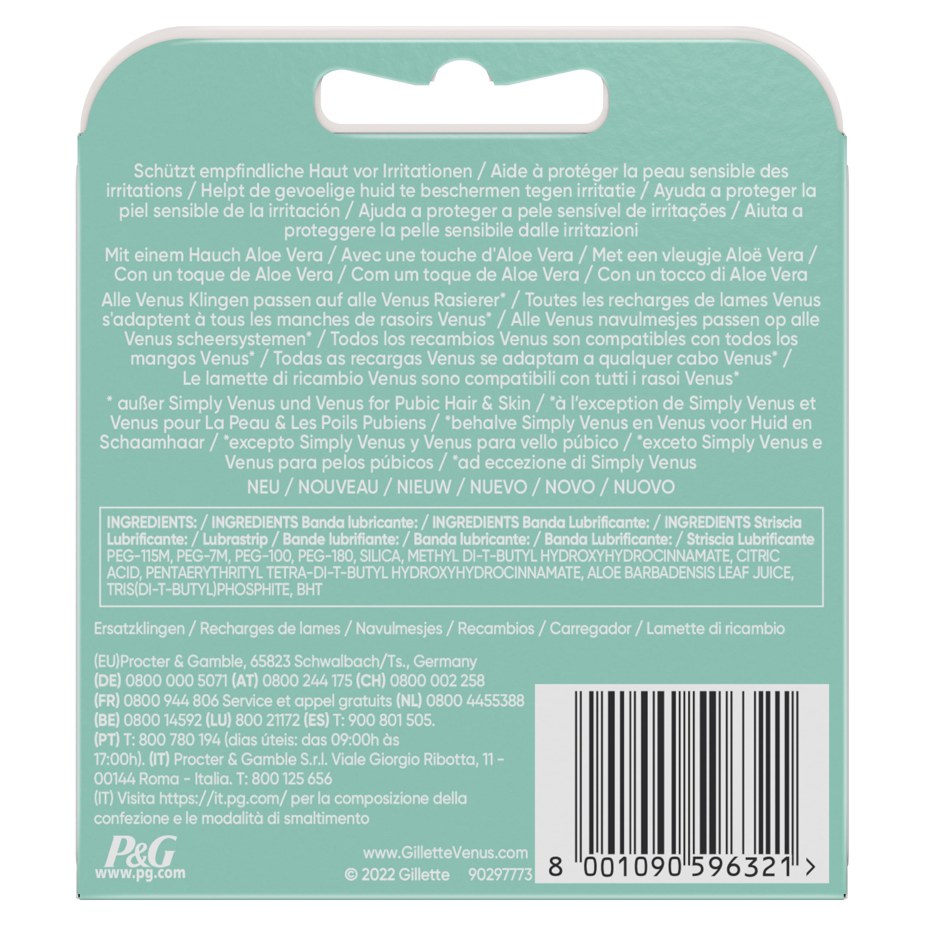 Retro della confezione con informazioni sul prodotto e ingredienti. Testo multilingue.