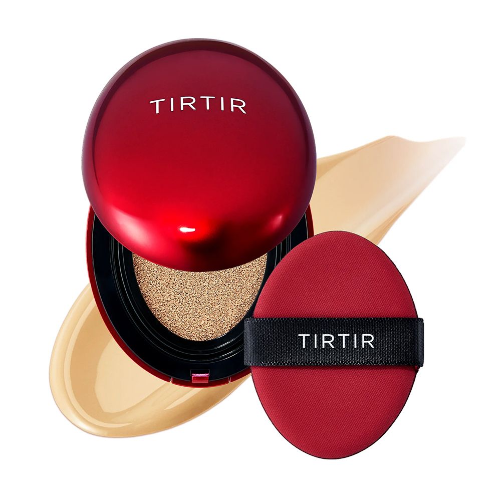 Confezione rossa Tirtir Cushion aperta, con spugnetta e campione.