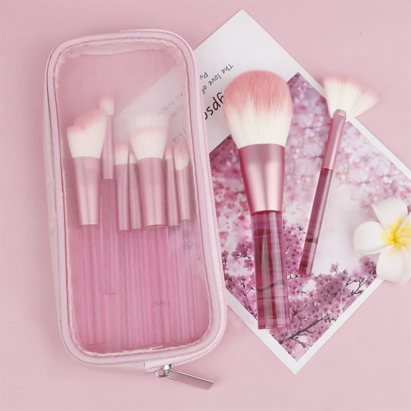 Set di pennelli per trucco rosa con custodia. Pennelli con manici trasparenti e setole rosa. Su sfondo rosa.