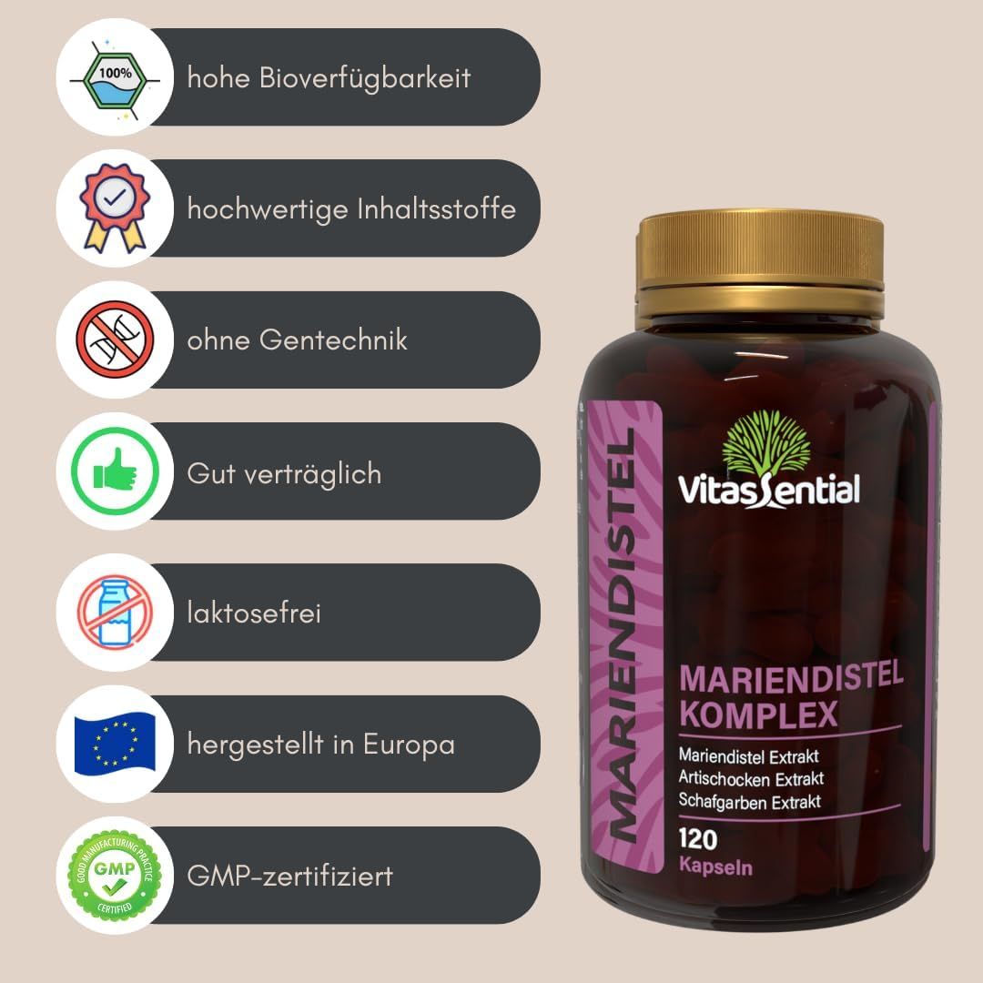 Flacone marrone con capsule. Testo: Complesso cardo mariano, 120 capsule. Loghi: alta biodisponibilità, certificato GMP, prodotto in Europa.