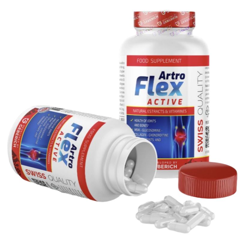 Flacone di integratore alimentare bianco con capsule. Tappo rosso. Scritta: ArtroFlex Active. Swiss Quality.