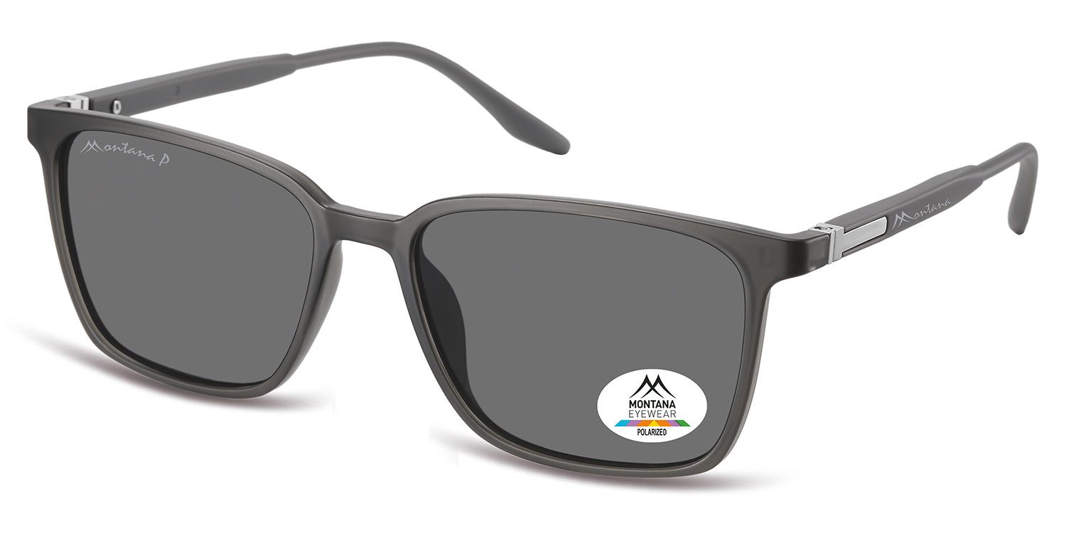 Occhiali da sole grigi con lenti rettangolari. Logo "Montana Eyewear" sulla stanghetta. Adesivo "Polarized".