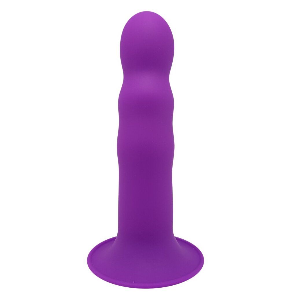Dildo viola con superficie ondulata e base ampia. Nome del prodotto non visibile.