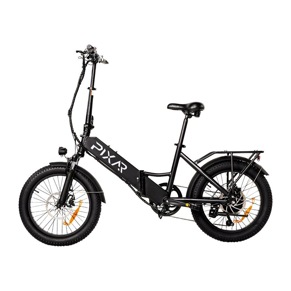 Bicicletta elettrica pieghevole nera. Marchio PIXAR. Pneumatici larghi, portapacchi, sella, manubrio. Batteria sul telaio.