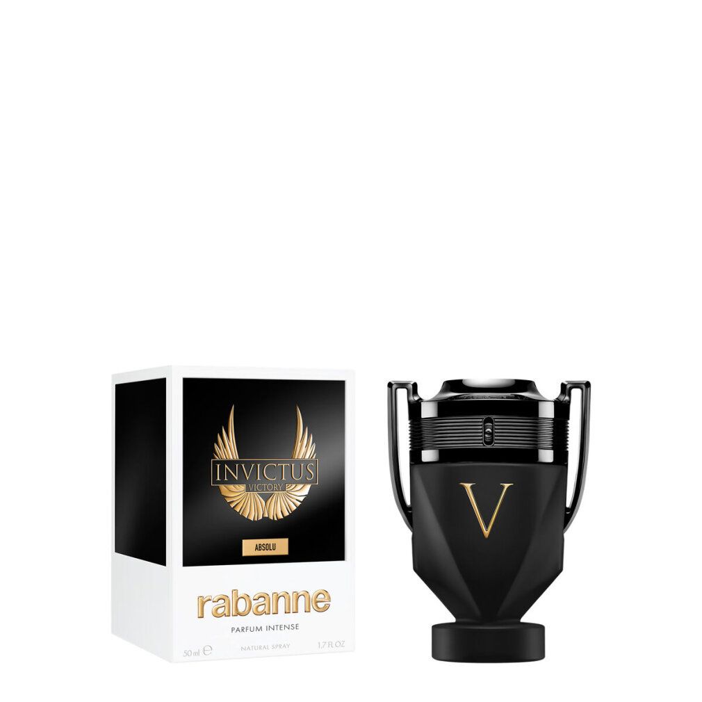 Flacone nero con "V" dorata. Confezione bianca con logo e nome del prodotto. Scritta "Invictus Victory Absolu".