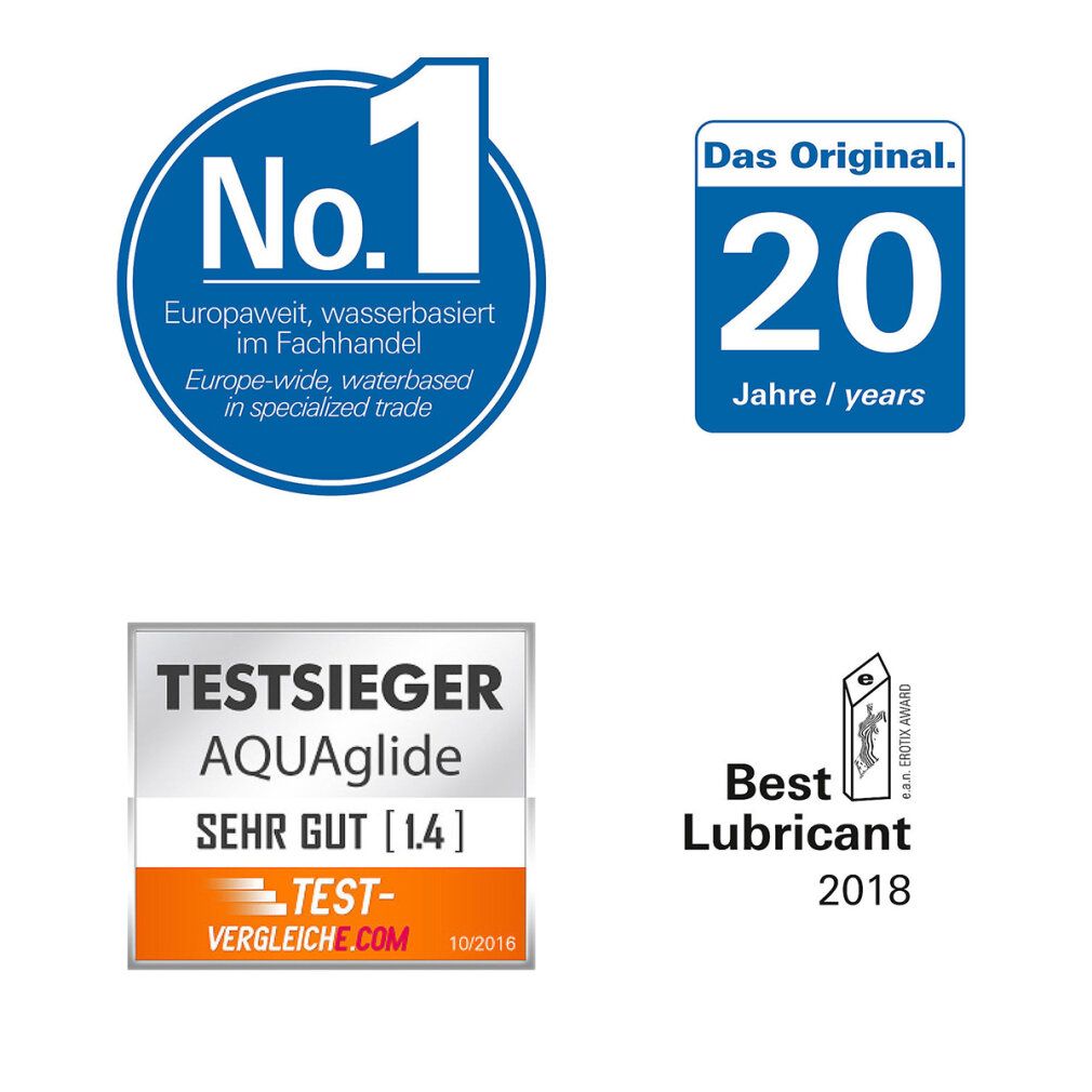 Diversi loghi: N. 1, 20 anni, Testsieger AQUAglide, Best Lubricant 2018.