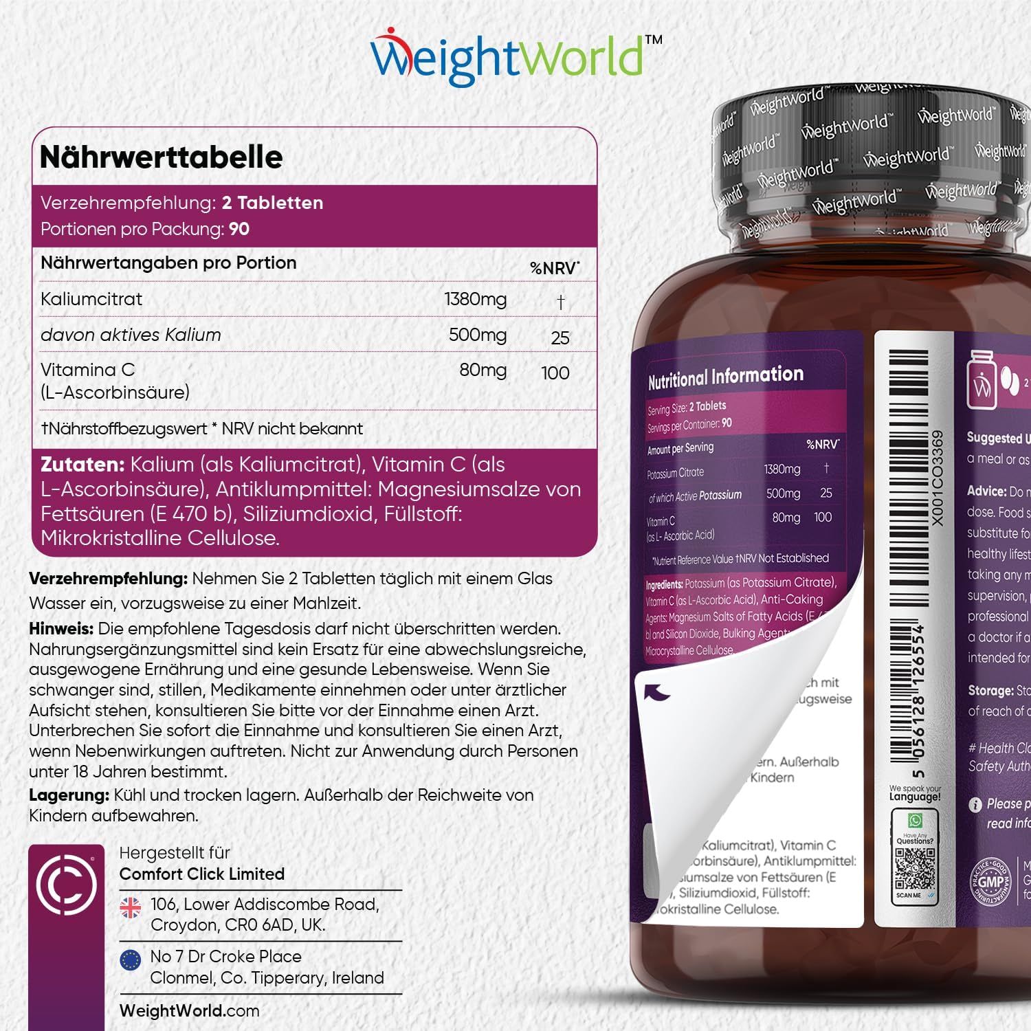 Tabella nutrizionale sull'etichetta del flacone. Contiene citrato di potassio, vitamina C. Dosaggio: 2 compresse. Ingredienti: potassio, vitamina C, ecc.