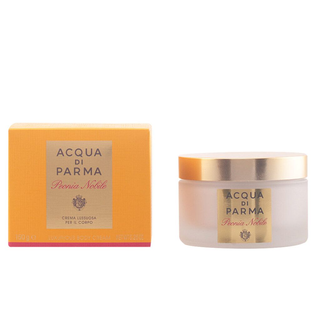 Vaso e scatola di crema. Scritta: Acqua di Parma Peonia Nobile. Coperchio dorato, scatola gialla.