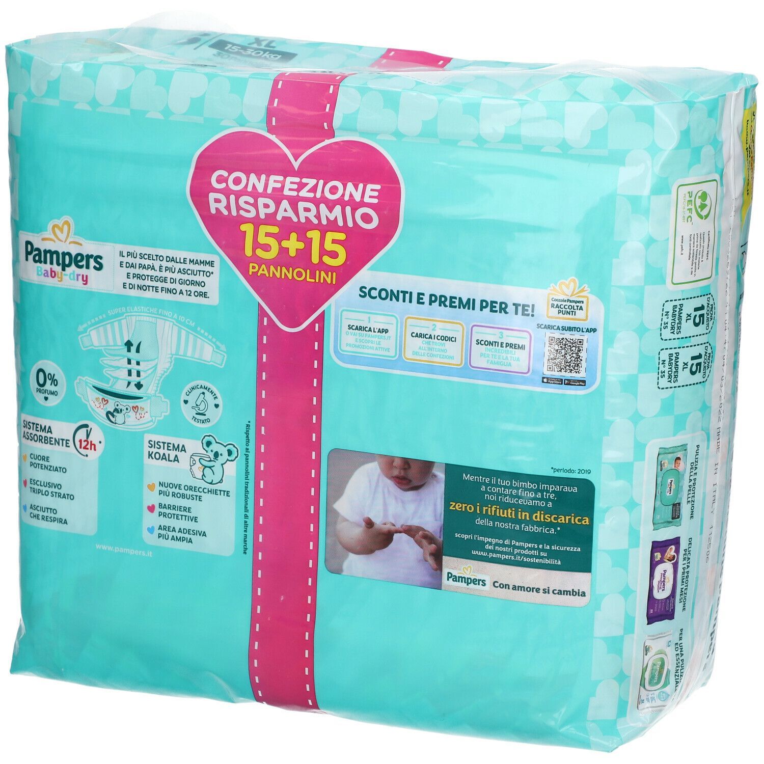 Confezione Pampers Baby Dry XL Duo. Confezione turchese. Scritte: Pampers, Baby, pannolini, 15+15, illustrazione bambino, codice QR.
