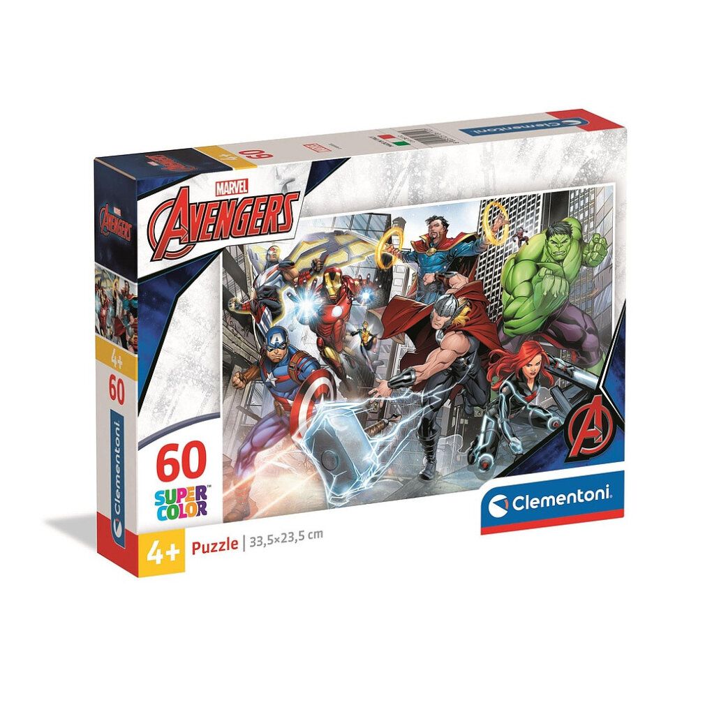 Puzzle Clementoni Avengers, 60 pezzi. Confezione con personaggi Avengers. Contiene 60 pezzi. Per bambini dai 4 anni in su. Dimensioni: 33,5 x 23,5 cm.