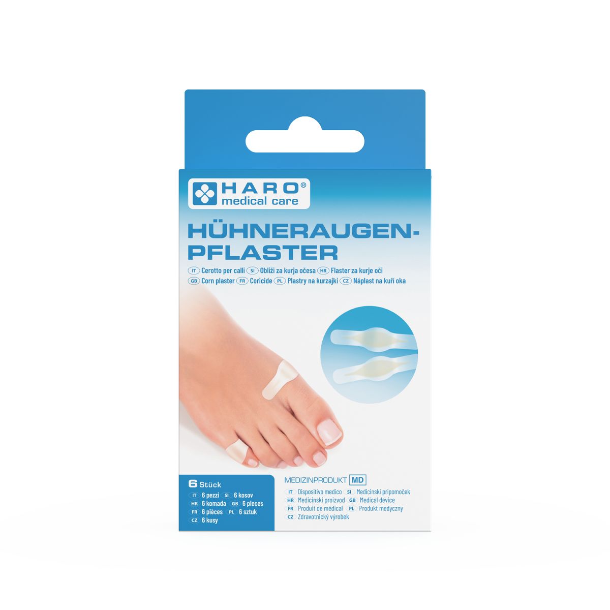 Confezione di Haro Hühneraugenpflaster. Contiene 6 cerotti. Scritta: Haro medical care, Hühneraugen-Pflaster. Immagine di un piede con cerotto.