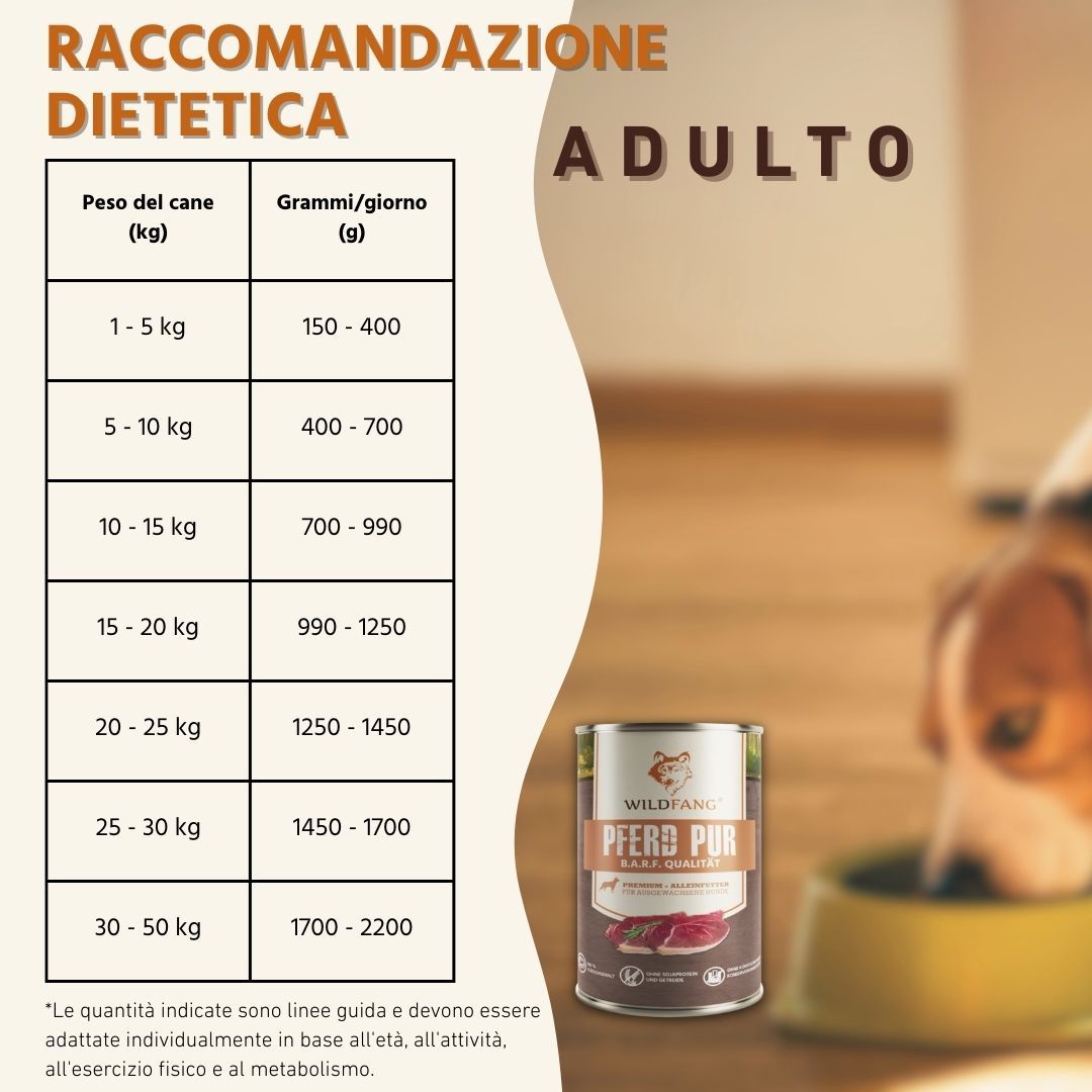 Raccomandazioni dietetiche. Tabella con peso e grammi. Lattina di cibo umido per cavalli, qualità BARF.