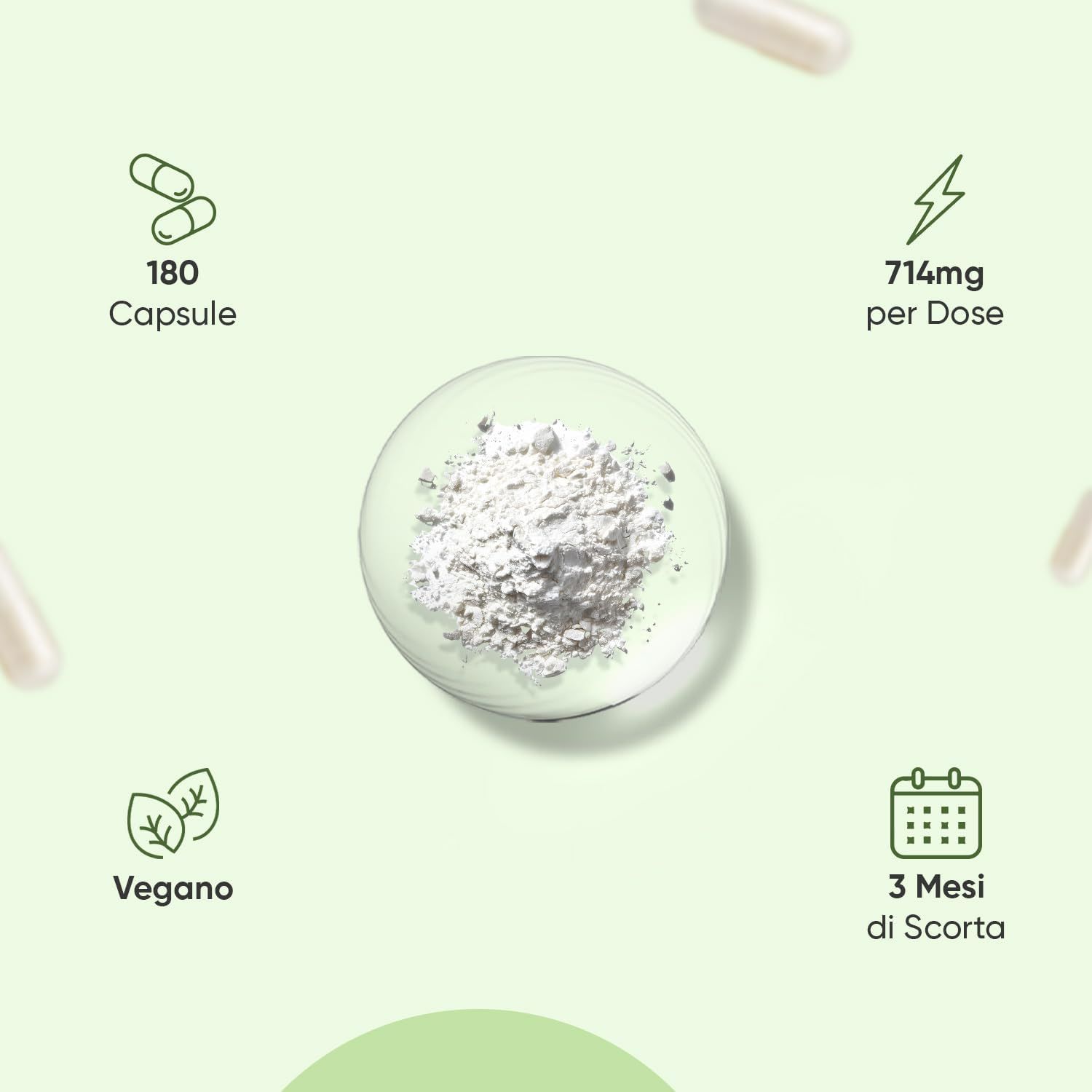 Grafica con 180 capsule, 714mg per dose, vegano, 3 mesi di scorta. Testo: Colina Bitartrato.