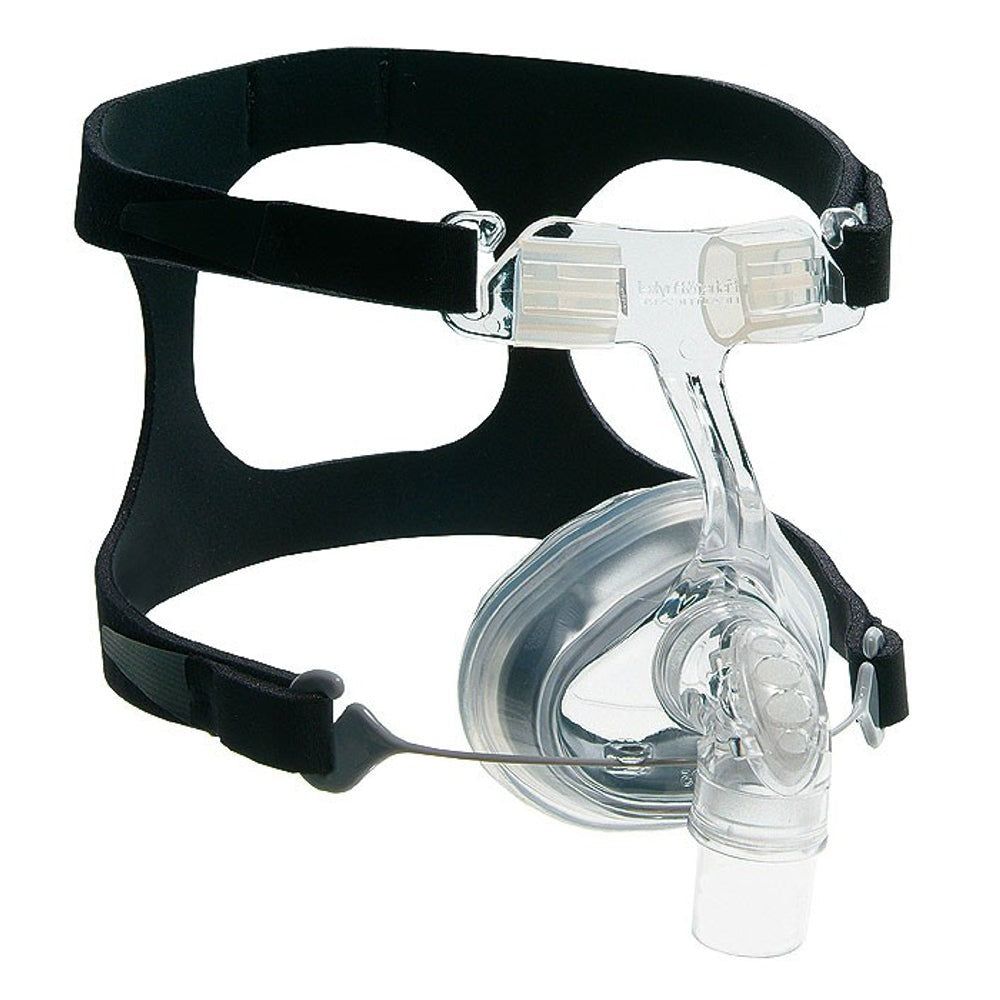 Maschera nasale CPAP trasparente con telaio bianco e fascia nera.