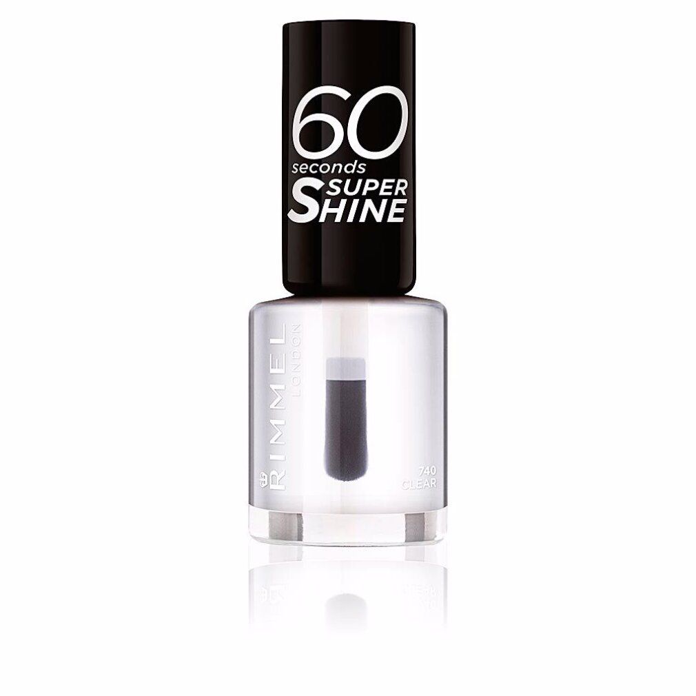 Flacone di smalto trasparente con tappo nero. Scritta: 60 seconds SUPER SHINE, Rimmel London, 740 Clear.