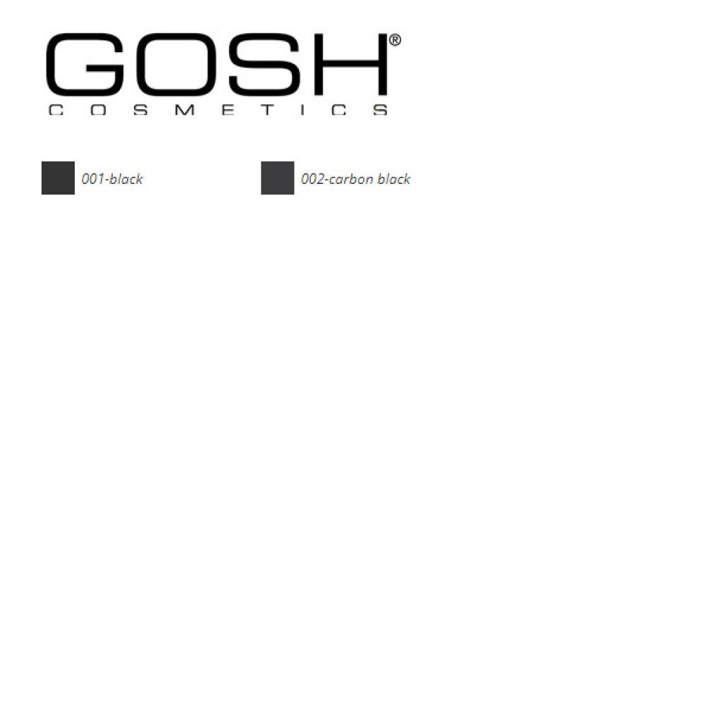 Logo GOSH. Campioni colore: 001-black, 002-carbon black.