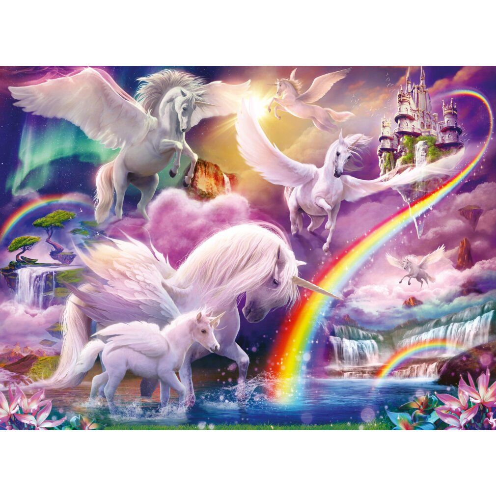Puzzle con unicorni, arcobaleno e cascata. Diversi unicorni alati. Castello e aurora boreale sullo sfondo.