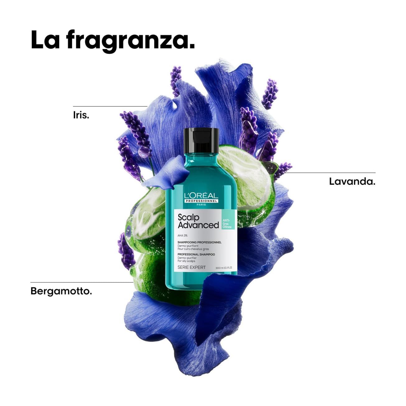 Flacone circondato da fiori. Testo: La fragranza. Iris, Lavanda, Bergamotto. L'Oréal Professionnel Scalp Advanced.