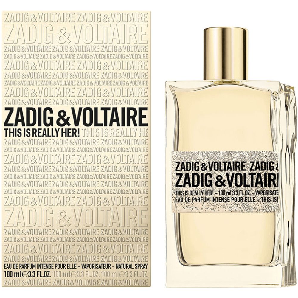 Flacone e scatola di profumo. Scritta: ZADIG & VOLTAIRE THIS IS REALLY HER. Tappo dorato, flacone rettangolare.