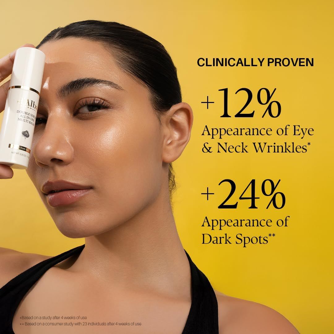 Donna tiene stick di balsamo. Testo: Clinicamente provato. Riduzione rughe occhi e collo del 12%.