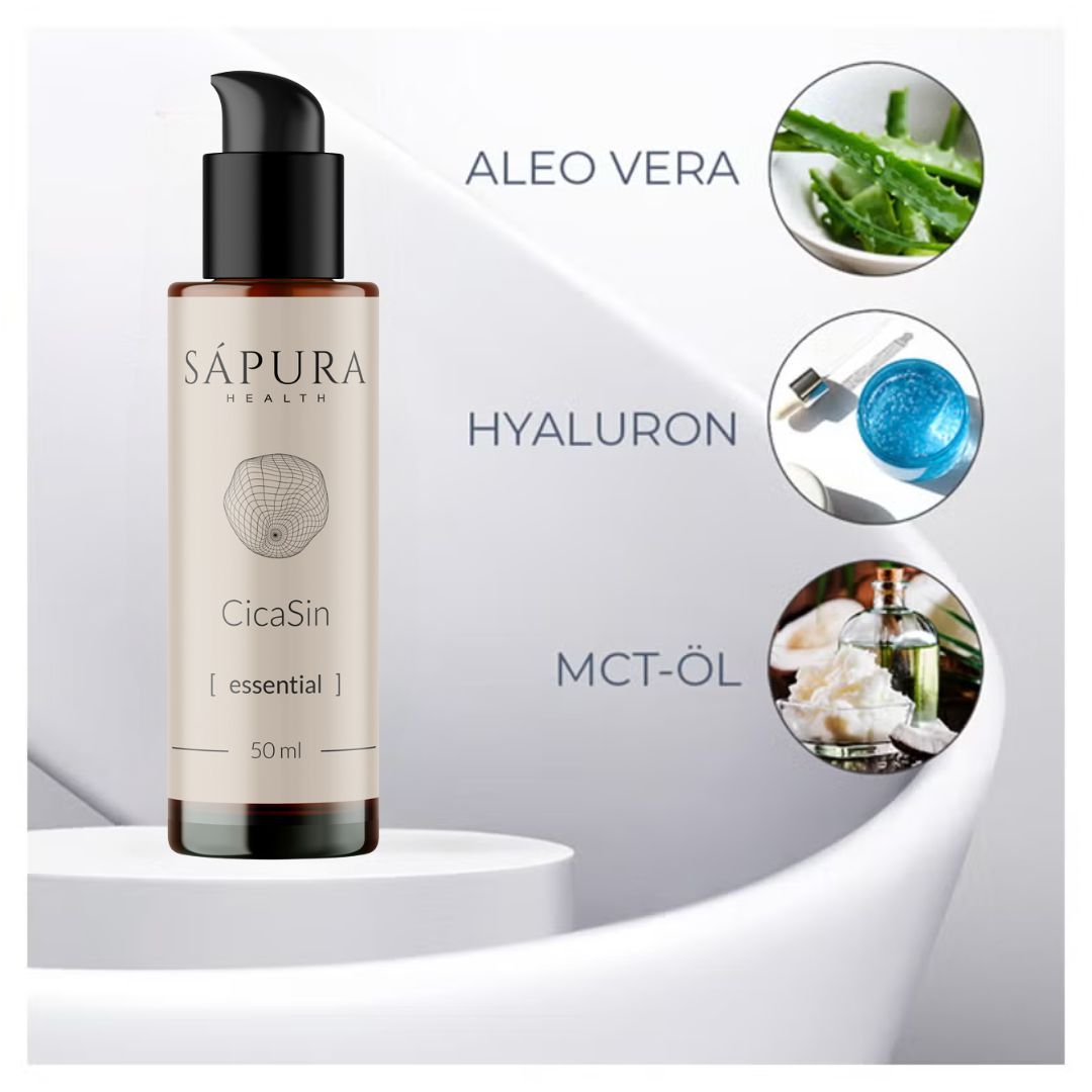 Flacone con immagini di Aloe Vera, Hyaluron e MCT-Öl. Scritta: Sápura Health, CicaSin [essential], 50 ml.