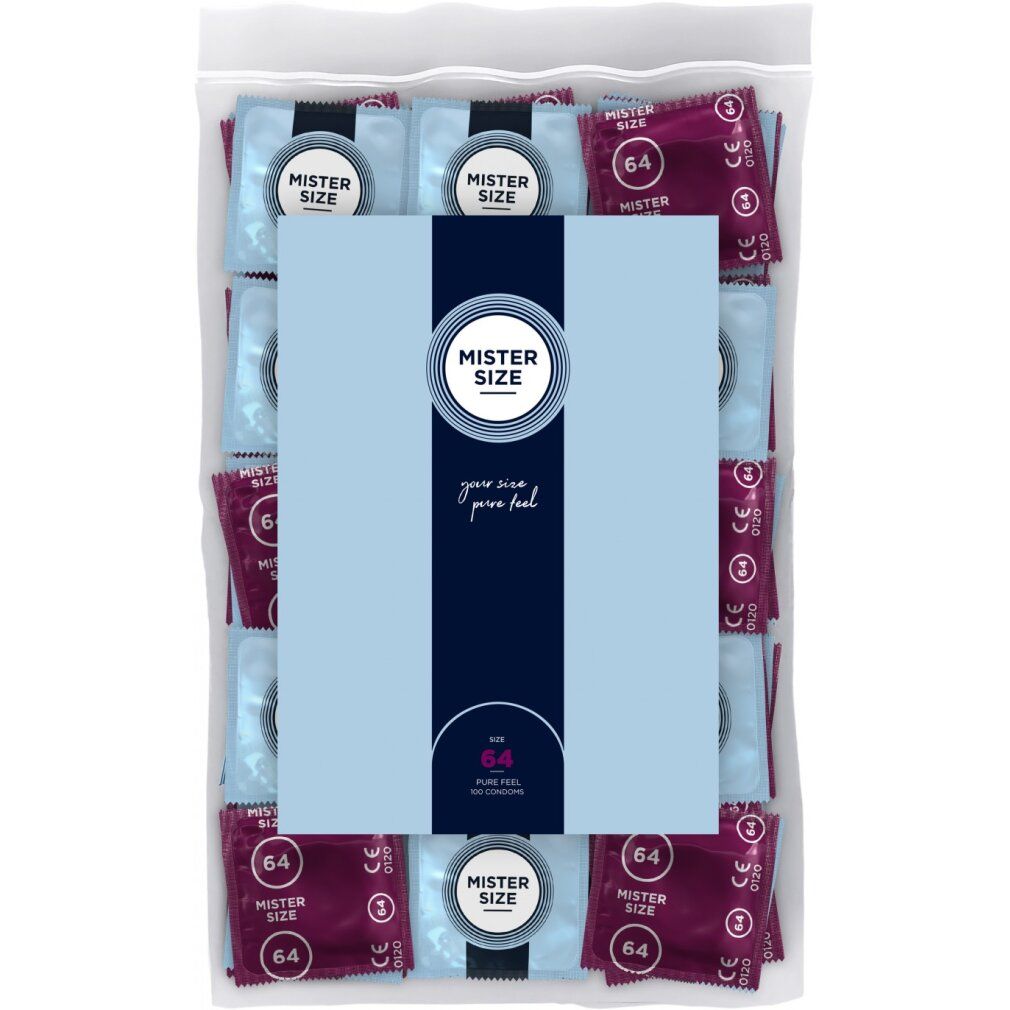 Confezione di preservativi. Confezioni singole blu e viola. Scritta: Mister Size, 64.