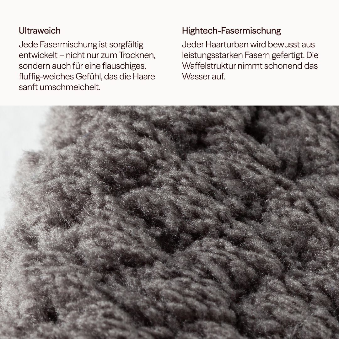 Primo piano di un turbante per capelli in microfibra grigia con struttura a nido d'ape. Il testo descrive il materiale ultra morbido e la miscela di fibre high-tech.